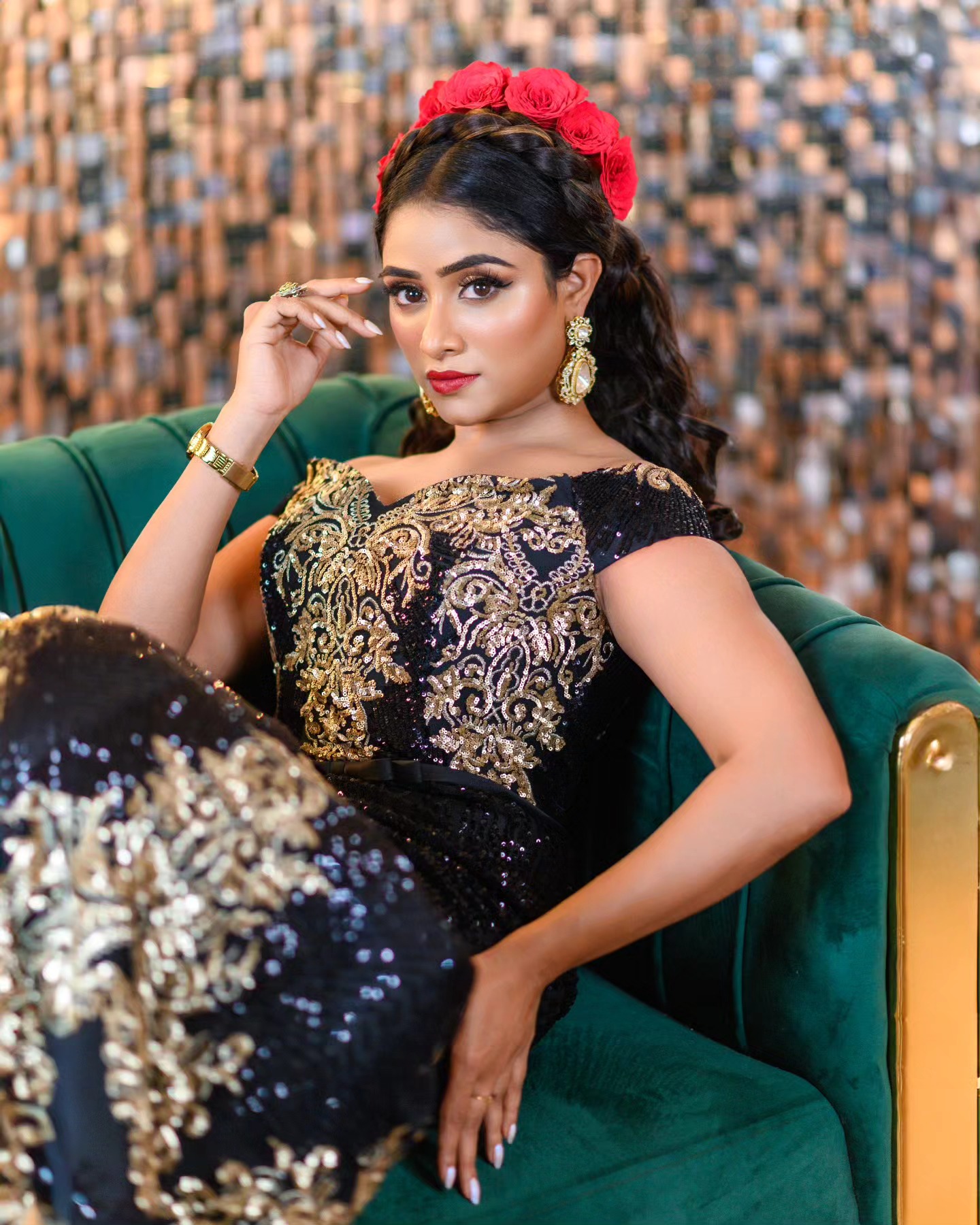 High-fashion glamour bustier gown with statement jewelry and dramatic golden sunset lighting